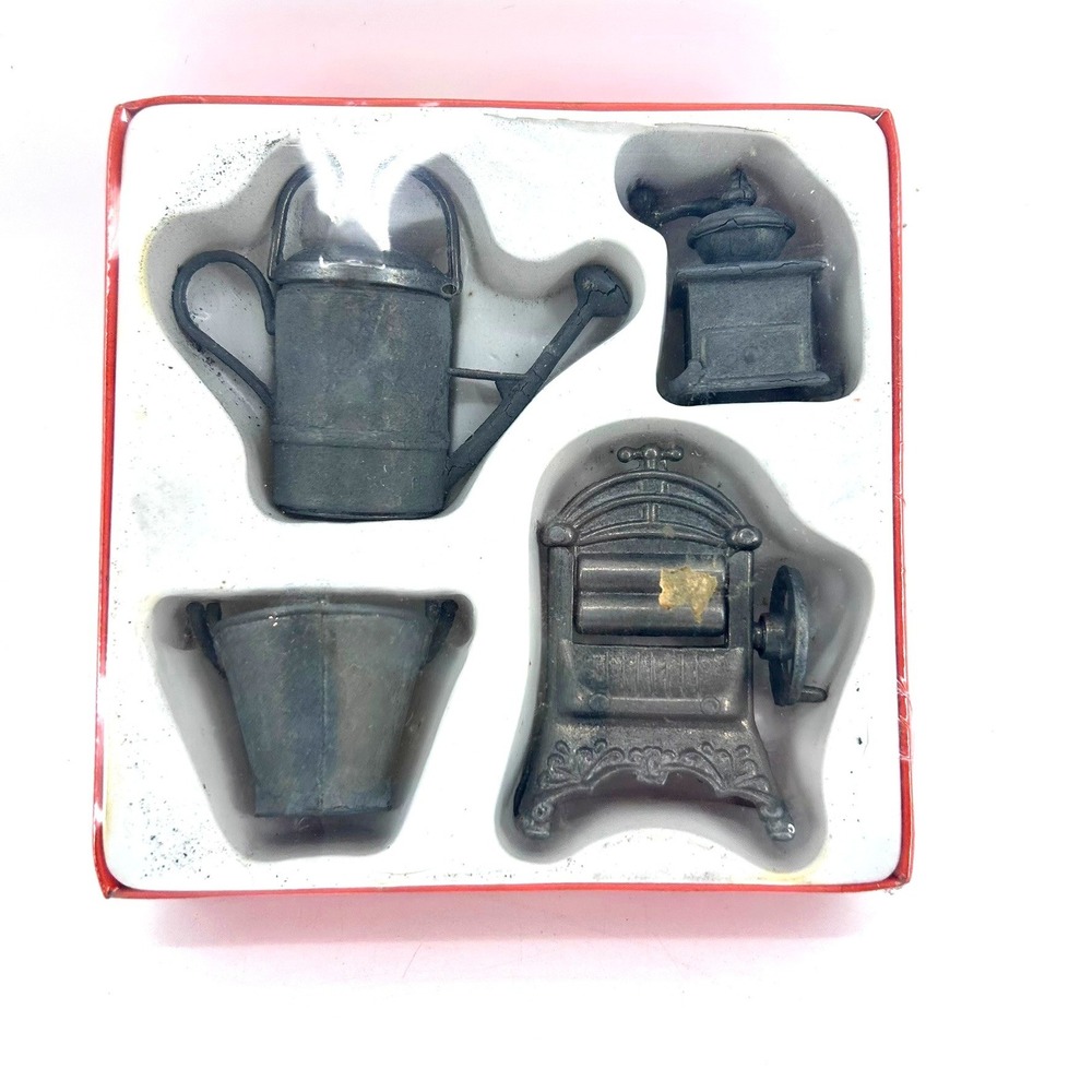 Norleans Miniature Pewter Set 4pc Italy Watering Can Coffee Grinder Wringer Box